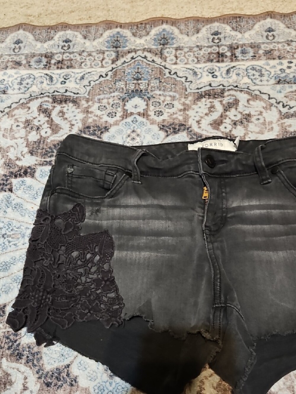 torrid Black Washed Denim Shorts with Lace Panels - Picture 3 of 7